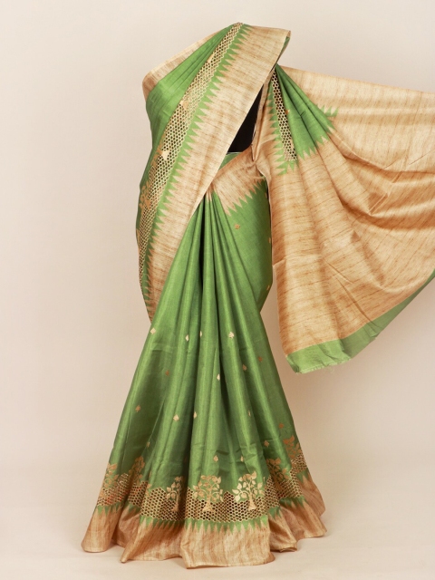 

Pothys Green & Beige Floral Linen Blend Saree
