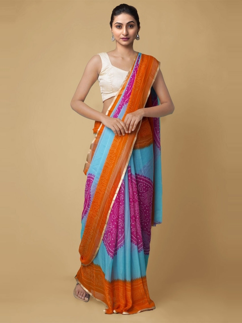 

Unnati Silks Turquoise Blue & Orange Poly Chiffon Bandhani Saree