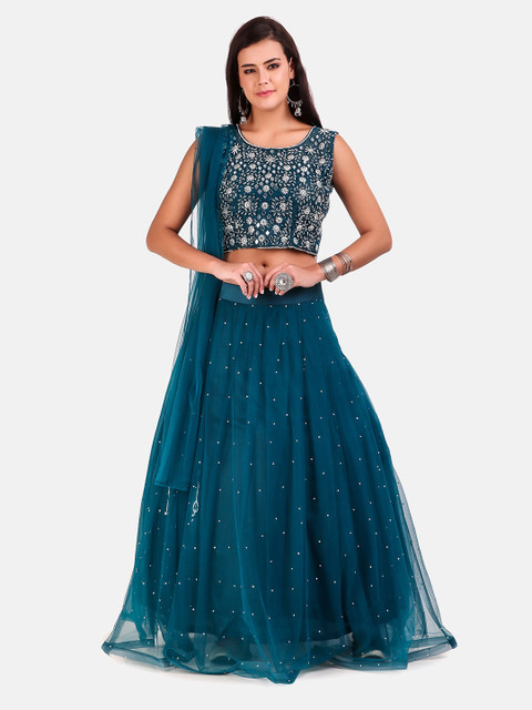 

Grancy Teal Embroidered Sequinned Semi-Stitched Lehenga & Ready to Wear Blouse With Dupatta
