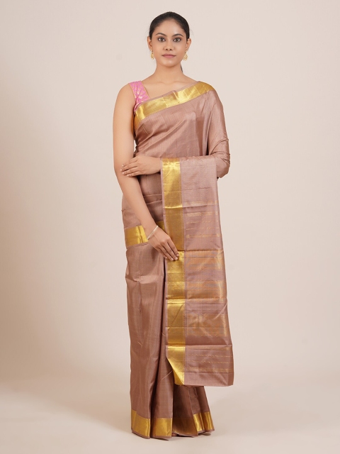 

Pothys Brown & Gold-Coloured Checked Zari Pure Silk Kanjeevaram Saree
