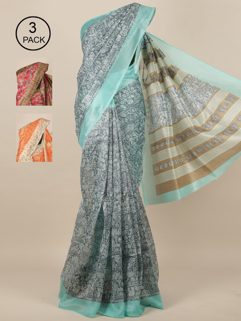 

Pothys Grey & Orange Pack of 3 Ethnic Motifs Jute Silk Saree