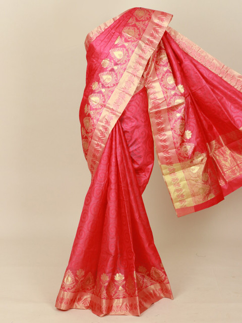 

Pothys Pink & Silver-Toned Floral Zari Pure Silk Tussar Saree