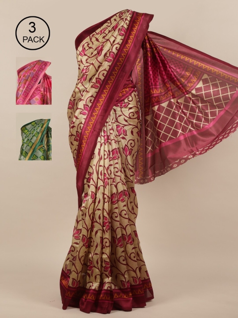 

Pothys Pack of 3 Beige & Pink Jute Silk Saree