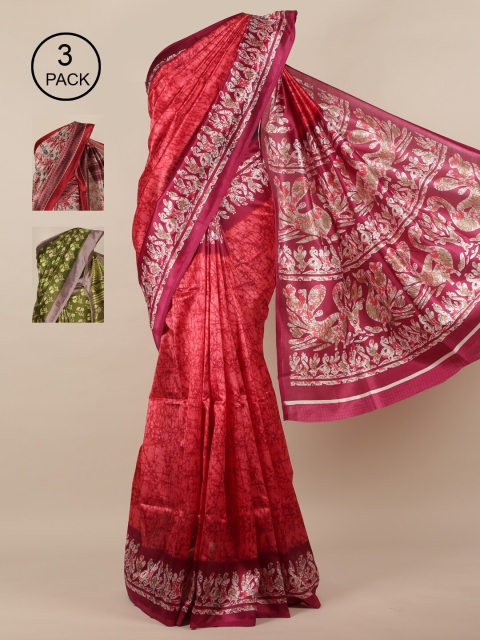 

Pothys Pack of 3 Jute Silk Printed Sarees, Pink