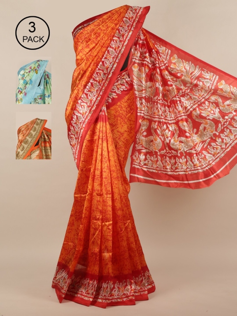 

Pothys Pack of 3 Jute Silk Printed Sarees, Orange