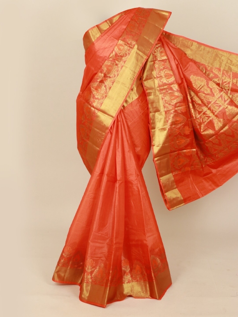

Pothys Orange & Gold-Toned Zari Pure Silk Tussar Saree