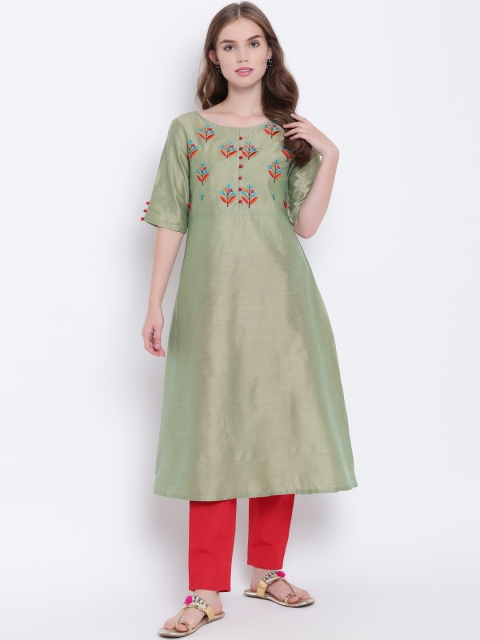 

Shakumbhari Women Green Ethnic Motifs Embroidered Thread Work Kurta