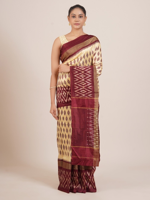 

Pothys Cream-Coloured & Maroon Pure Silk Kanjeevaram Saree