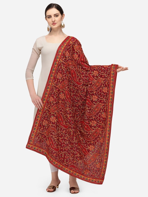 

VASTRANAND Maroon & Green Ethnic Motifs Embroidered Dupatta with Thread Work