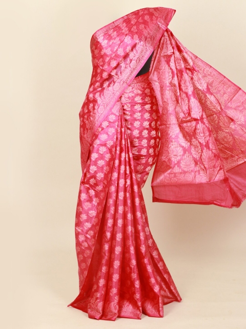 

Pothys Pink & Silver-Toned Ethnic Motifs Zari Pure Silk Tussar Saree