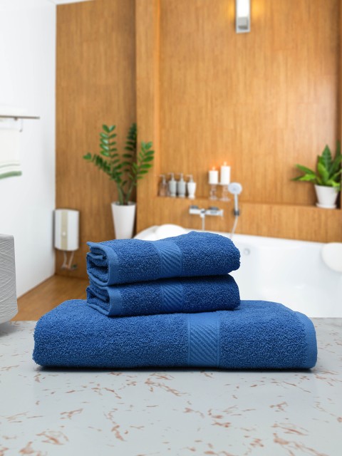 

RANGOLI Set Of 3 Blue Solid 380 GSM Pure Cotton Towel Set