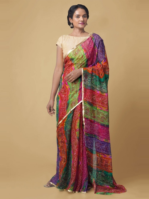 

Unnati Silks Red & Green Bandhani Poly Chiffon Saree