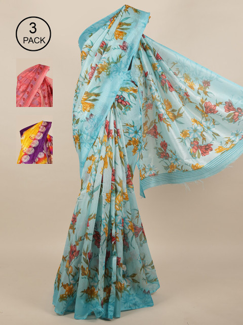 

Pothys Pack of 3 Jute Silk Printed Sarees, Blue