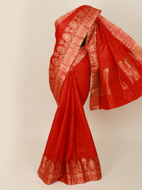 

Pothys Red & Gold-Toned Woven Design Pure Silk Tussar Saree