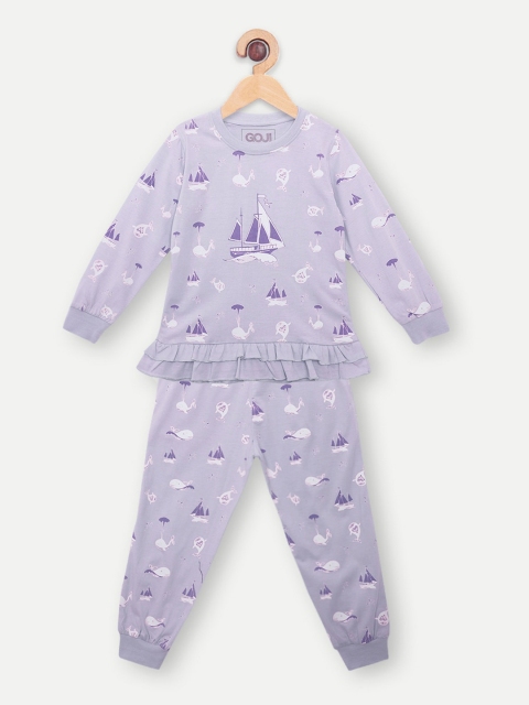 

GOJI Girls Lavender & White Printed Night suit
