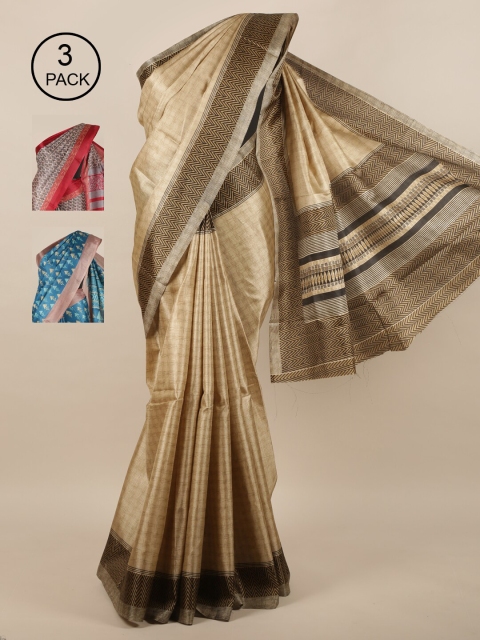 

Pothys Pack of 3 Printed Jute Silk Sarees, Tan