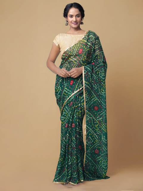 

Unnati Silks Green & Red Bandhani Saree