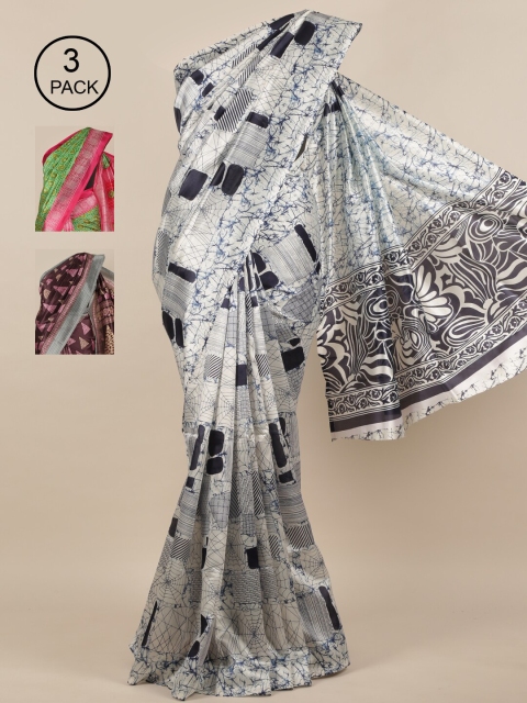 Pothys Pack of 3 White & Brown Jute Silk Saree
