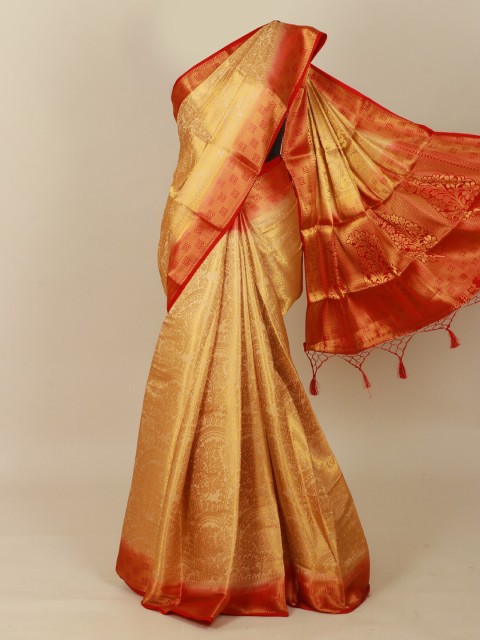 

Pothys Cream-Coloured & Gold-Toned Floral Zari Art Silk Banarasi Saree