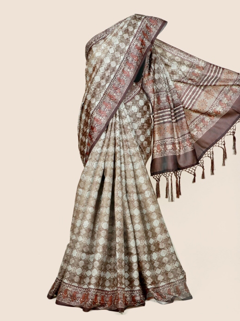

Pothys Brown & White Printed Linen Blend Saree