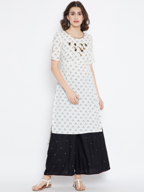

Be Indi Women White & Olive Green Geometric Printed Thread Work Linen Kurta