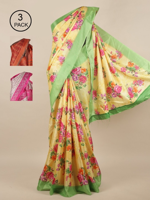 

Pothys Pack Of 3 Yellow & Pink Floral Jute Silk Saree