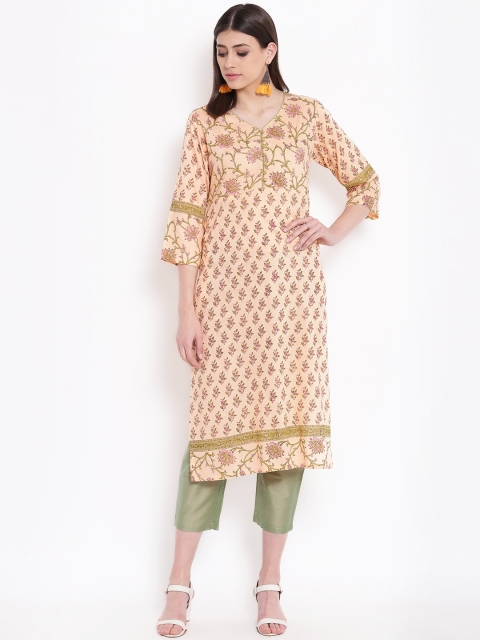

Shakumbhari Women Peach-Coloured & Green Ethnic Motifs Printed Kurta