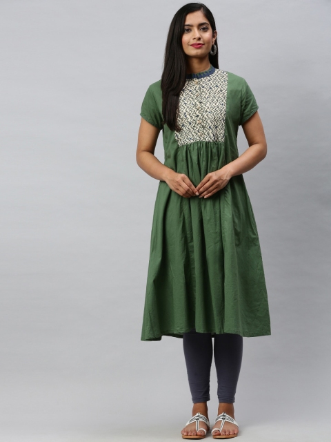 

Soch Women Green Geometric Yoke Design Cotton Anarkali Kurta