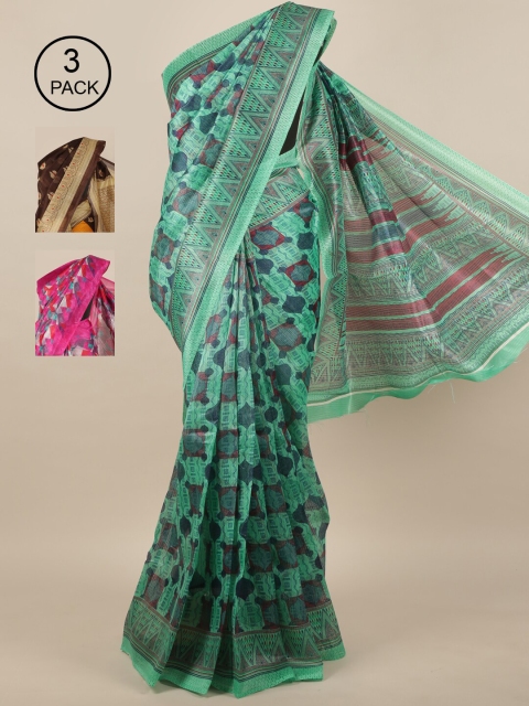 

Pothys Pack of 3 Jute Silk Printed Sarees, Green