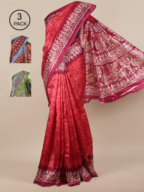 

Pothys Pink & Maroon Pack of 3 Batik Jute Silk Saree