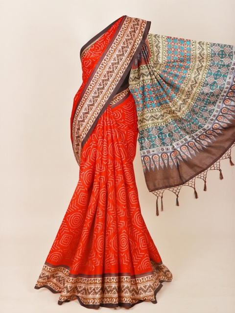 

Pothys Red & Brown Bandhani Linen Blend Saree