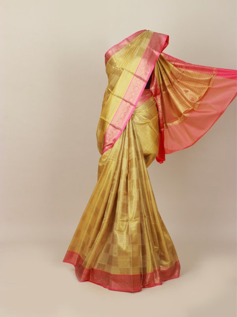 

Pothys Khaki & Pink Ethnic Motifs Art Silk Banarasi Saree