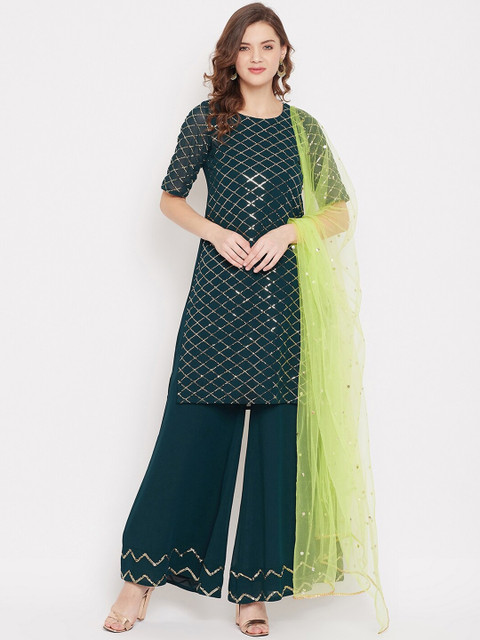 

PANIT Women Green High Slit Kurta with Palazzos & With Dupatta
