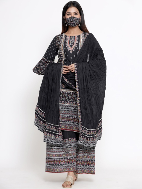 

Juniper Women Black Ethnic Motifs Printed Pure Cotton Kurta with Palazzos & With Dupatta