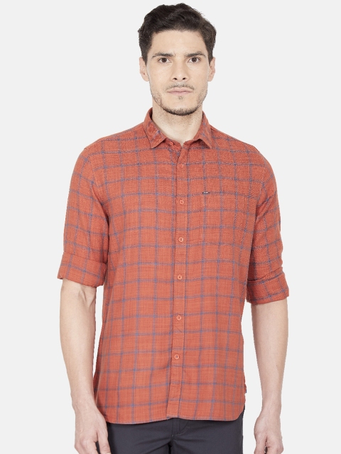 

Oxemberg Men Rust Slim Fit Windowpane Checks Checked Casual Shirt