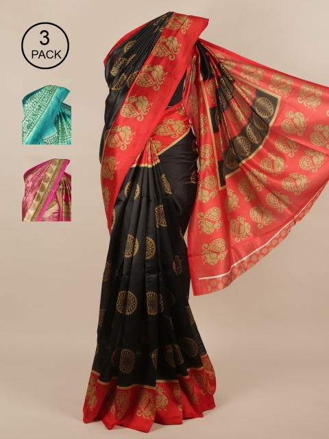 

Pothys Pack of 3 Ethnic Motifs Jute Silk Sarees, Black