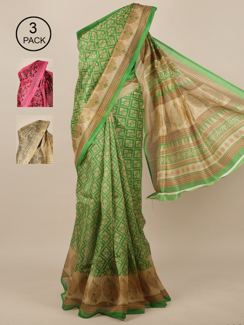 

Pothys Green & Beige Pack of 3 Floral Jute Silk Saree