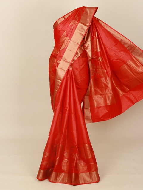 

Pothys Red & Gold-Toned Ethnic Motifs Zari Pure Silk Tussar Saree