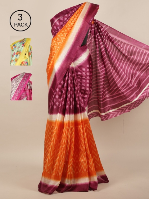 

Pothys Orange & Green Pack of 3 Floral Jute Silk Saree