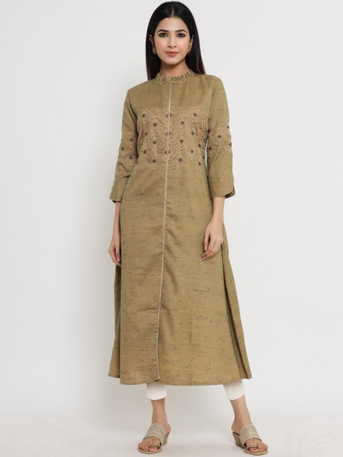 

Sangria Women Olive Green Ethnic Motifs Embroidered Kurta