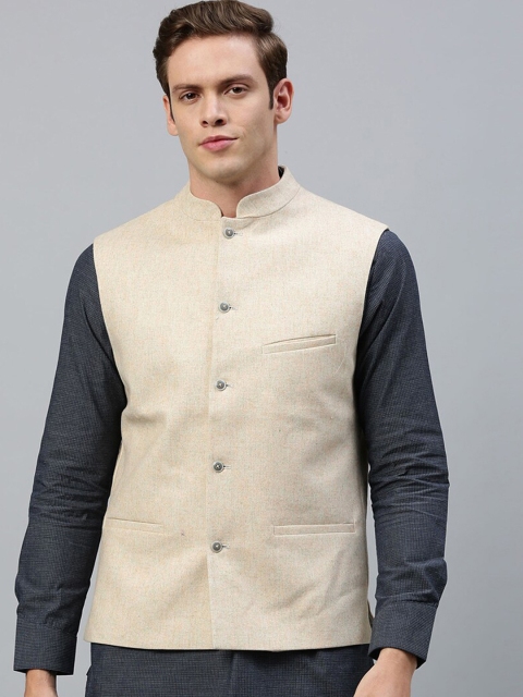 

RARE RABBIT Men Beige Solid Woven-Design Pure Cotton Nehru Jacket