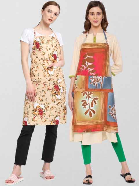 

KLOTTHE Pack Of 2 Printed 210TC Cotton Aprons, Beige