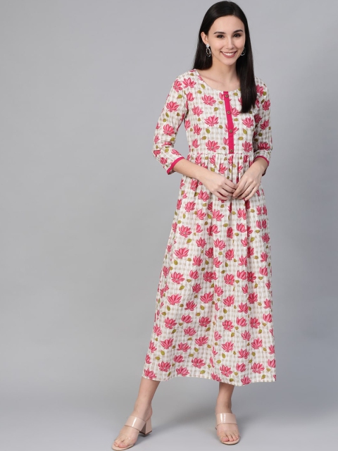 

Sringam Women Off White & Pink Floral Maxi Dress