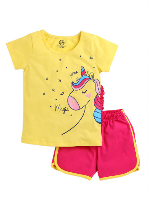 

TAMBOURINE Girls Yellow & Pink Printed T-shirt with Shorts