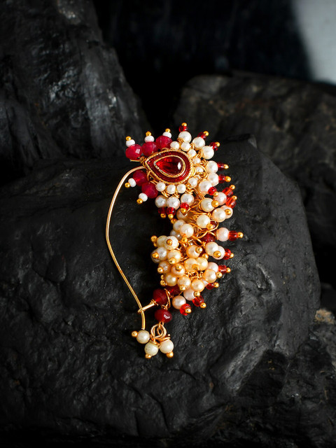 

Silvermerc Designs Gold-Plated Red-White Stone-Studded-Beaded Meenakari Marathi Nosepin