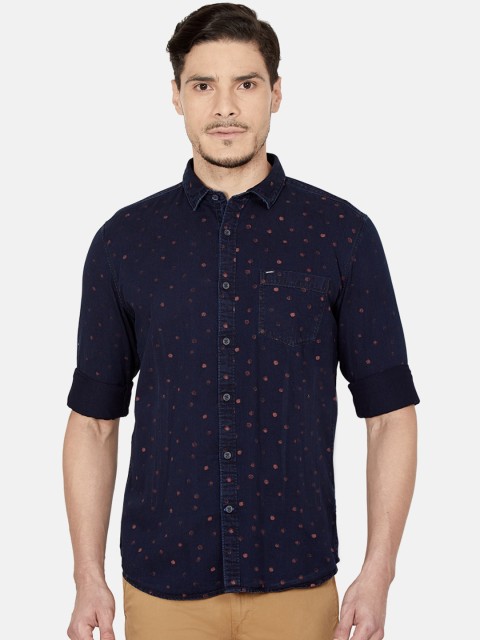 

Oxemberg Men Navy Blue Slim Fit Printed Cotton Casual Shirt