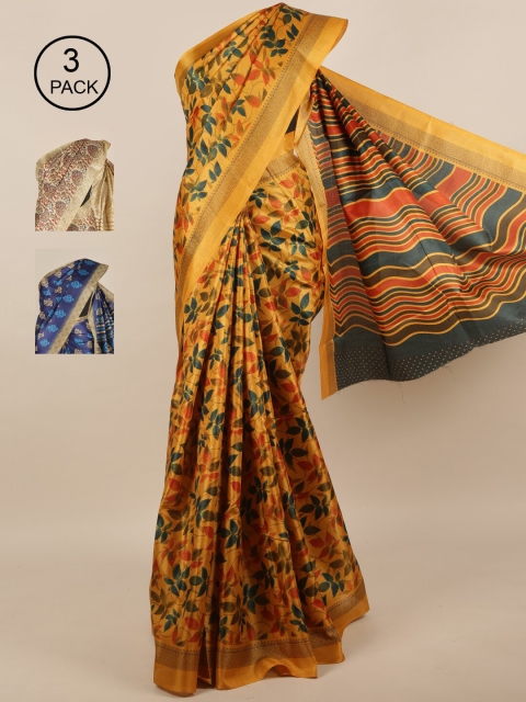 

Pothys Pack of 3 Jute Silk Printed Sarees, Mustard
