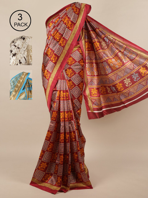 

Pothys Pack of 3 Jute Silk Printed Sarees, Maroon