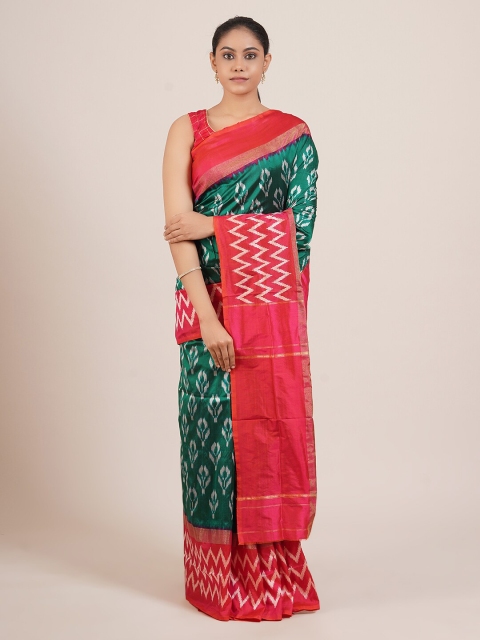 Pothys Green & Red Ethnic Motifs Pure Silk Kanjeevaram Saree