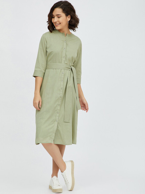 

Femella Olive A-Line Cotton Linen Button Down Dress
